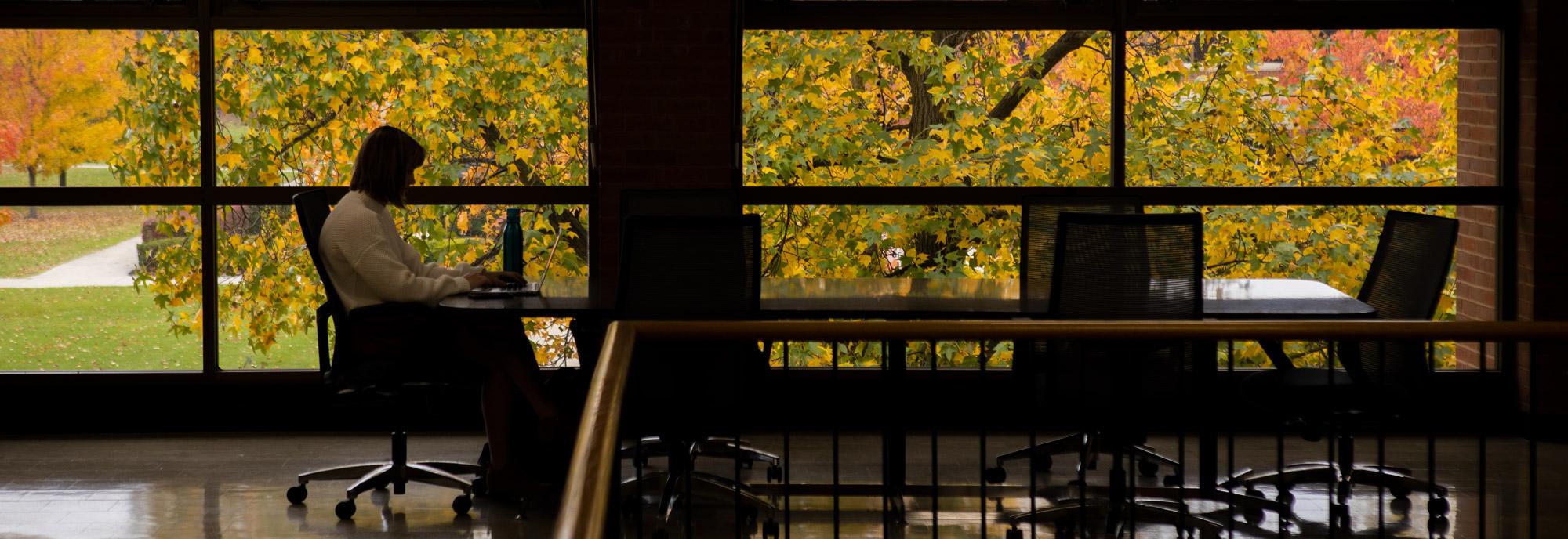 一名学生在俄亥俄北部大学药学院工作. 秋天的落叶装饰了金莎3777的校园.
